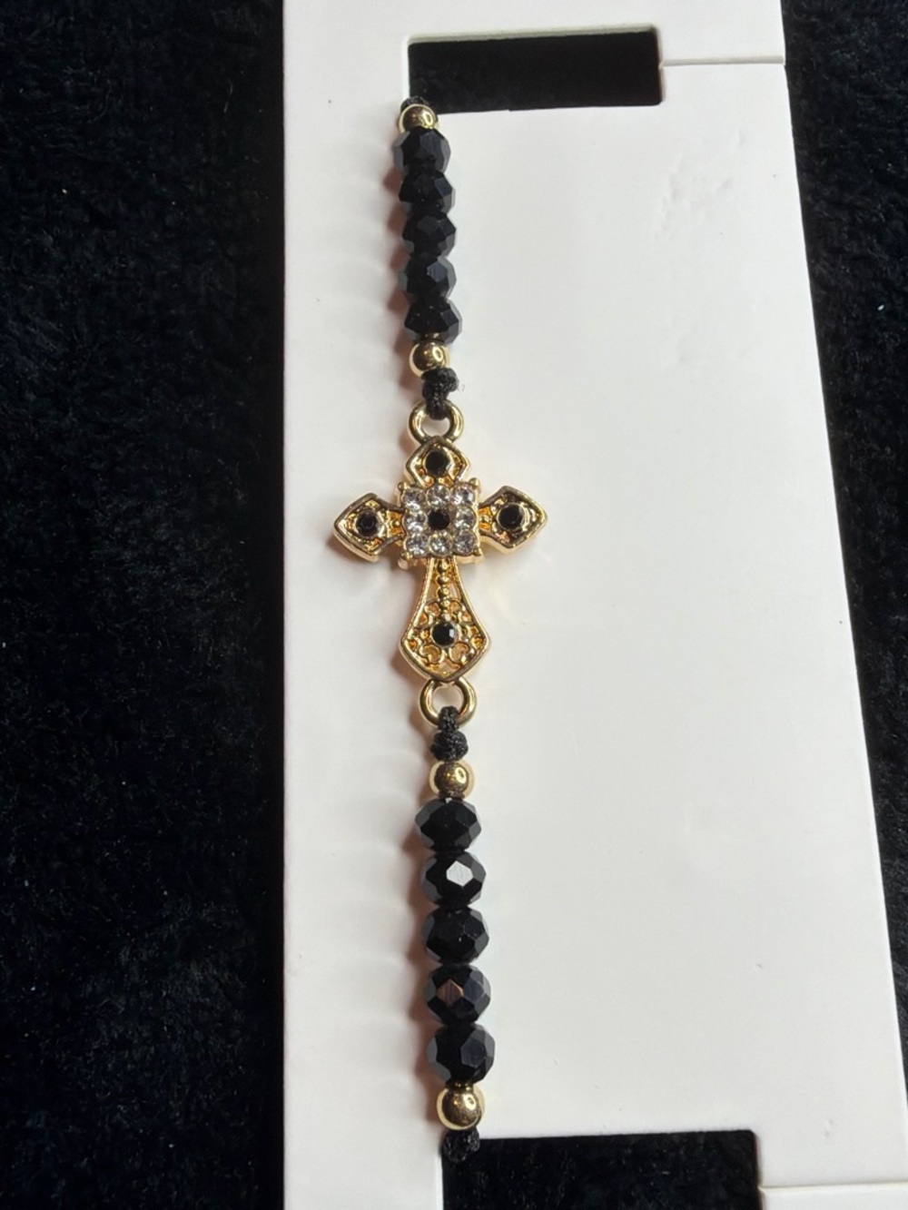 Gold Cross Bracelet with Black Beads